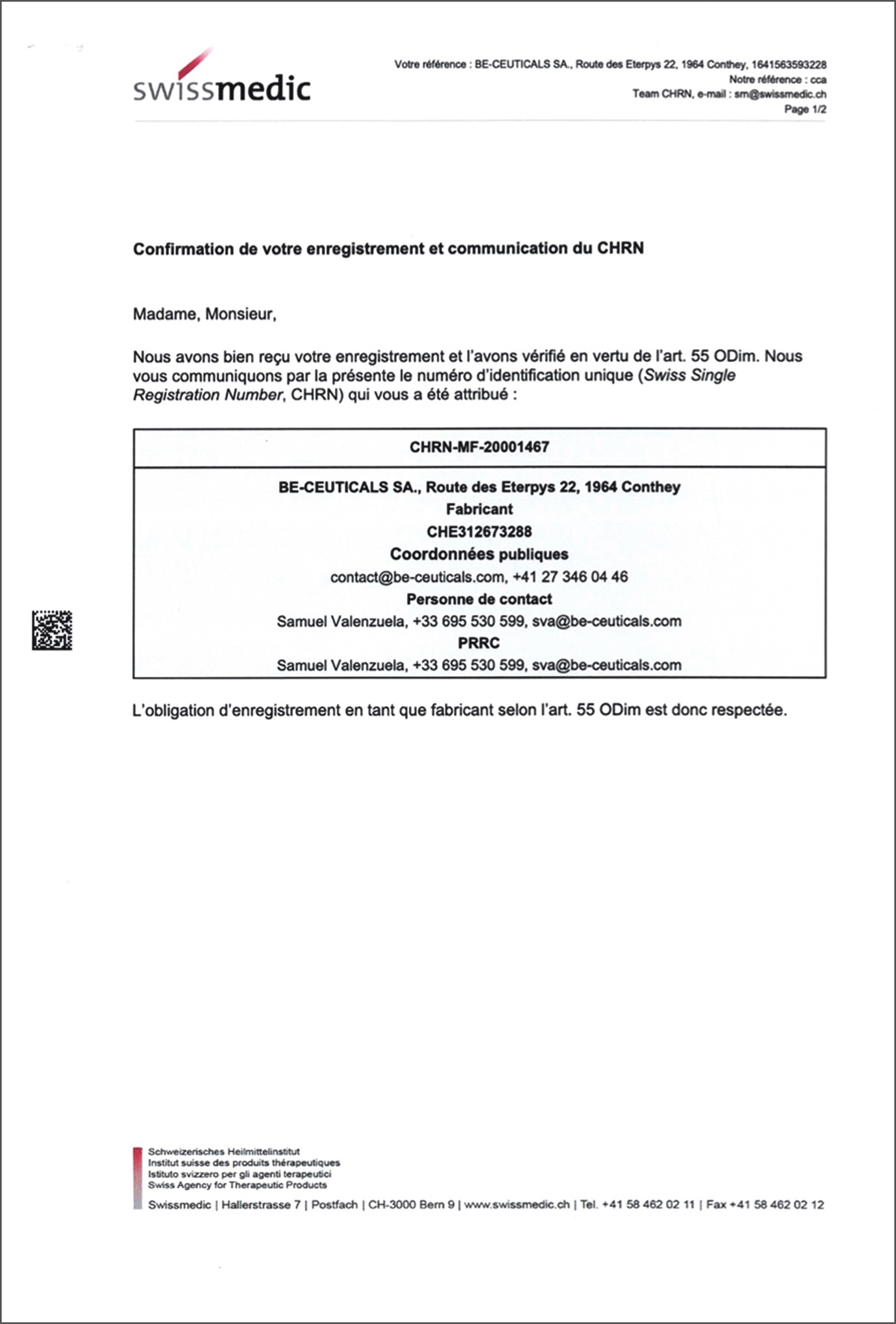 Swissmedic - Swiss Single Registration Number (CHRN)