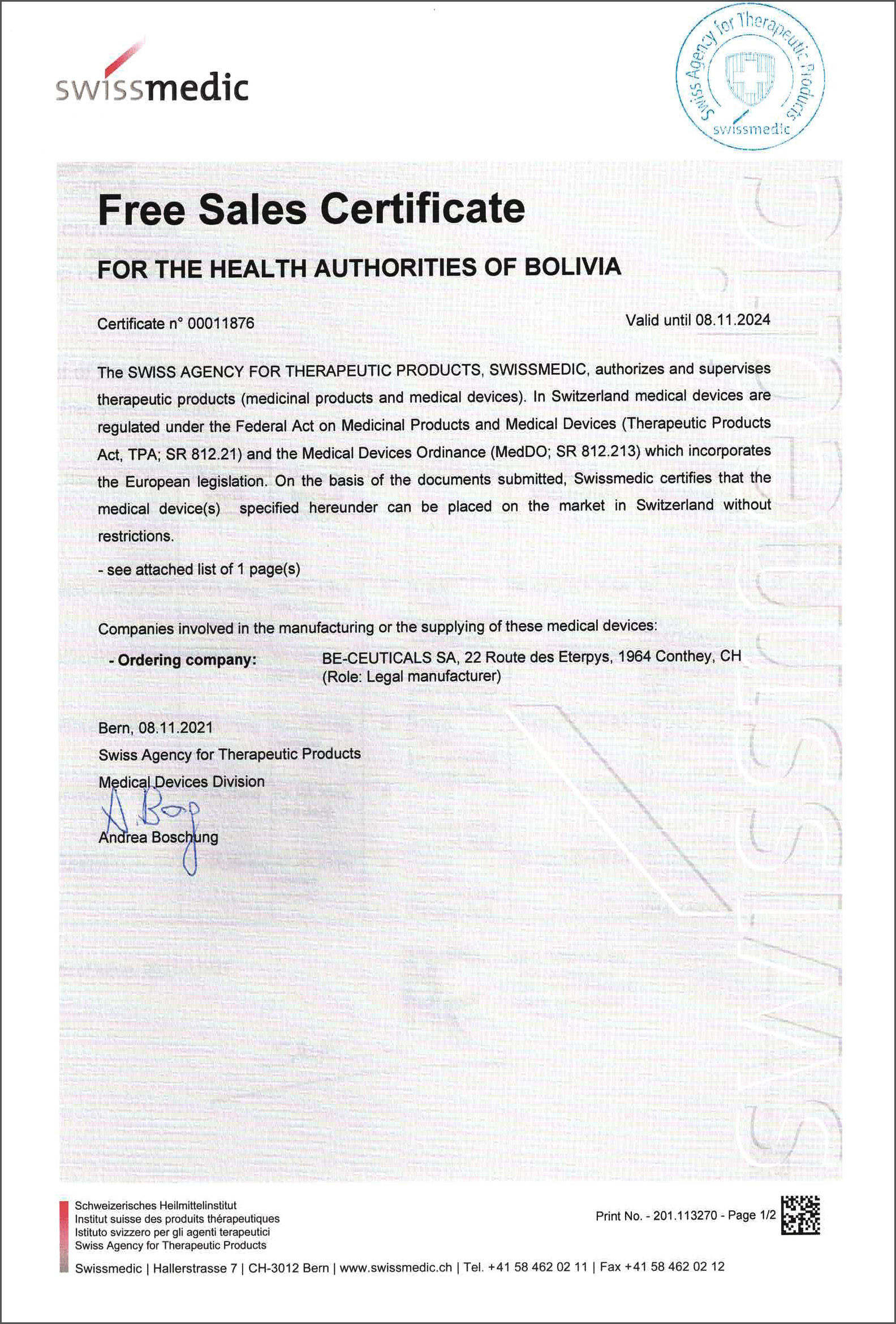 Swissmedic - Free Sales Certificate - Bolivia