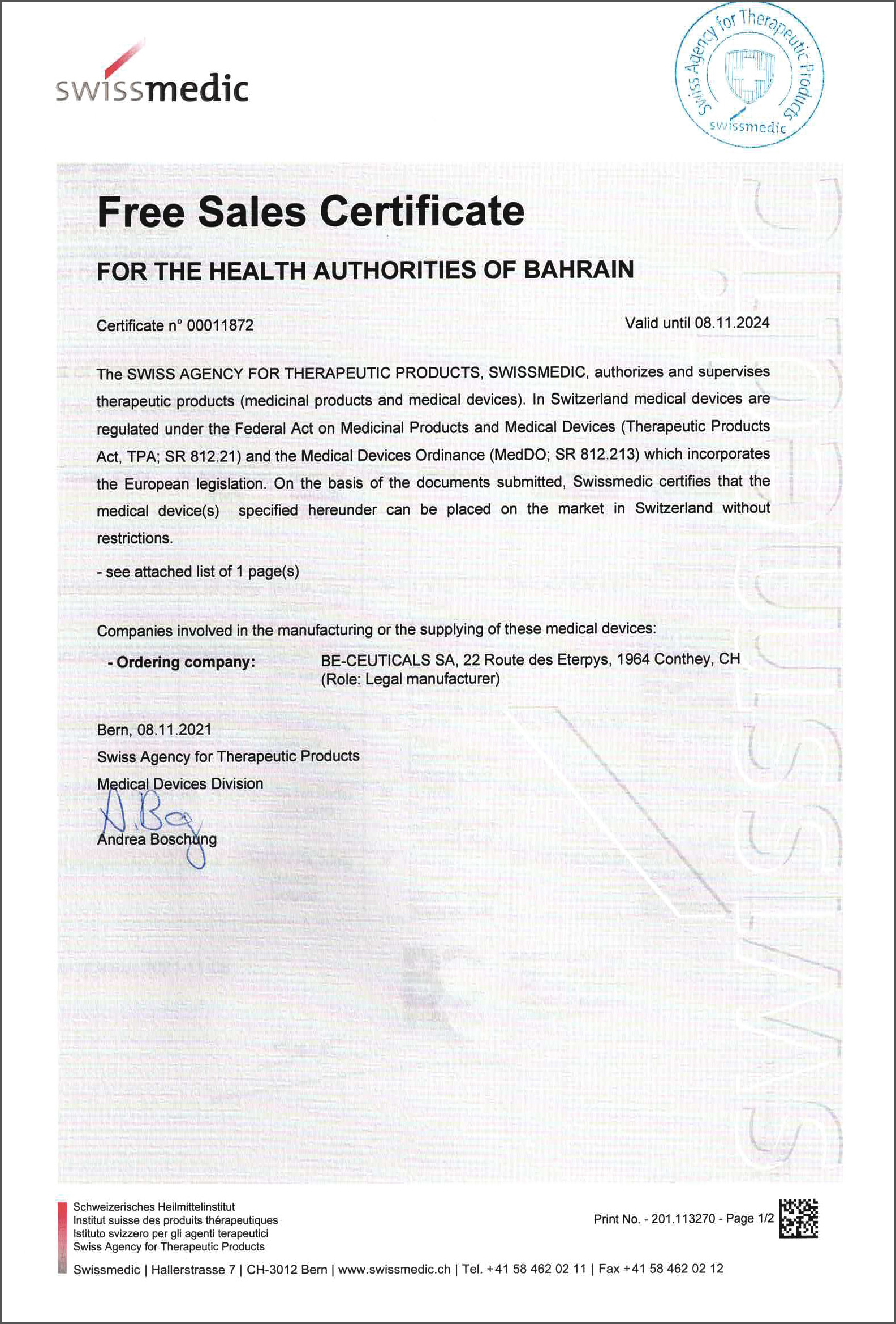 Swissmedic - Free Sales Certificate - Bahrain