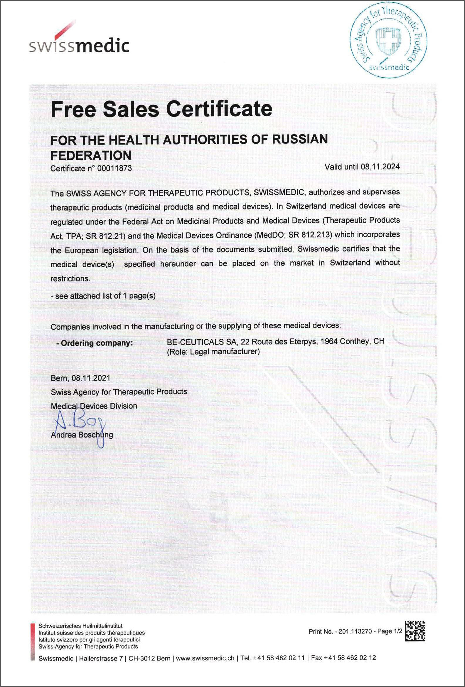 Swissmedic - Free Sales Certificate - Russian Federation