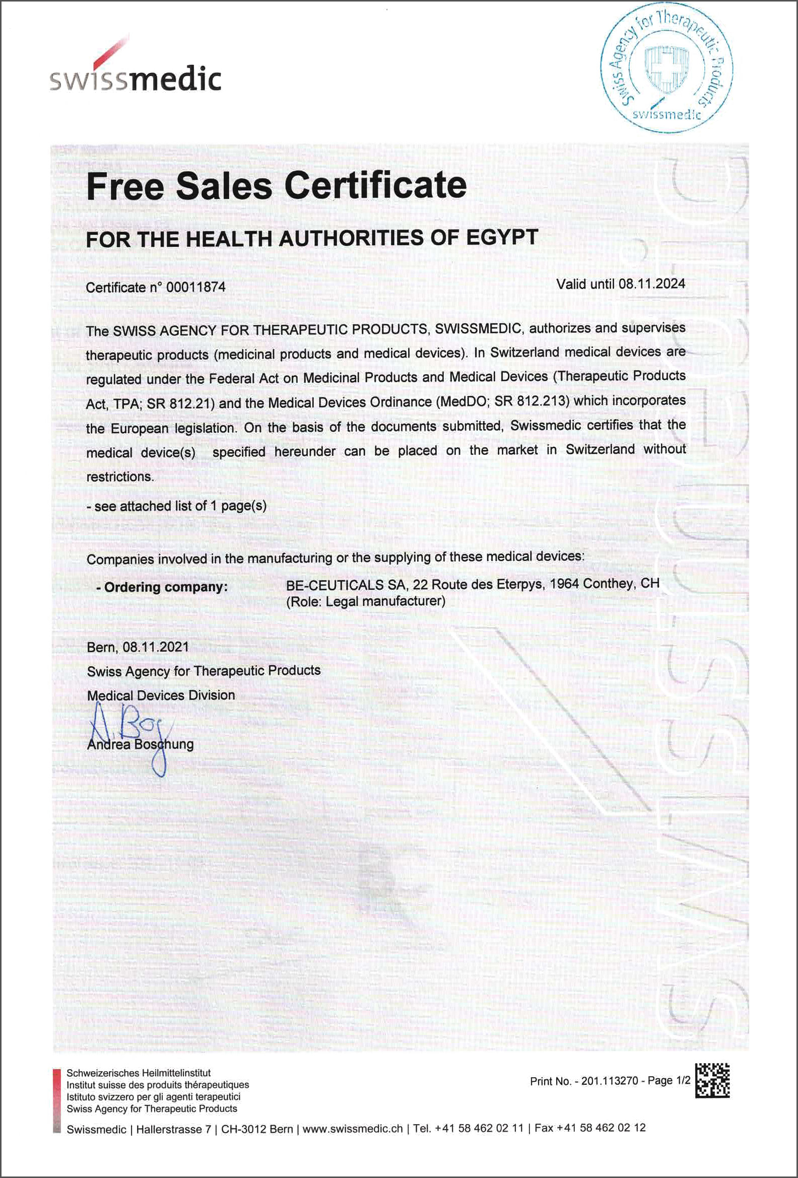 Swissmedic - Free Sales Certificate - Egypt