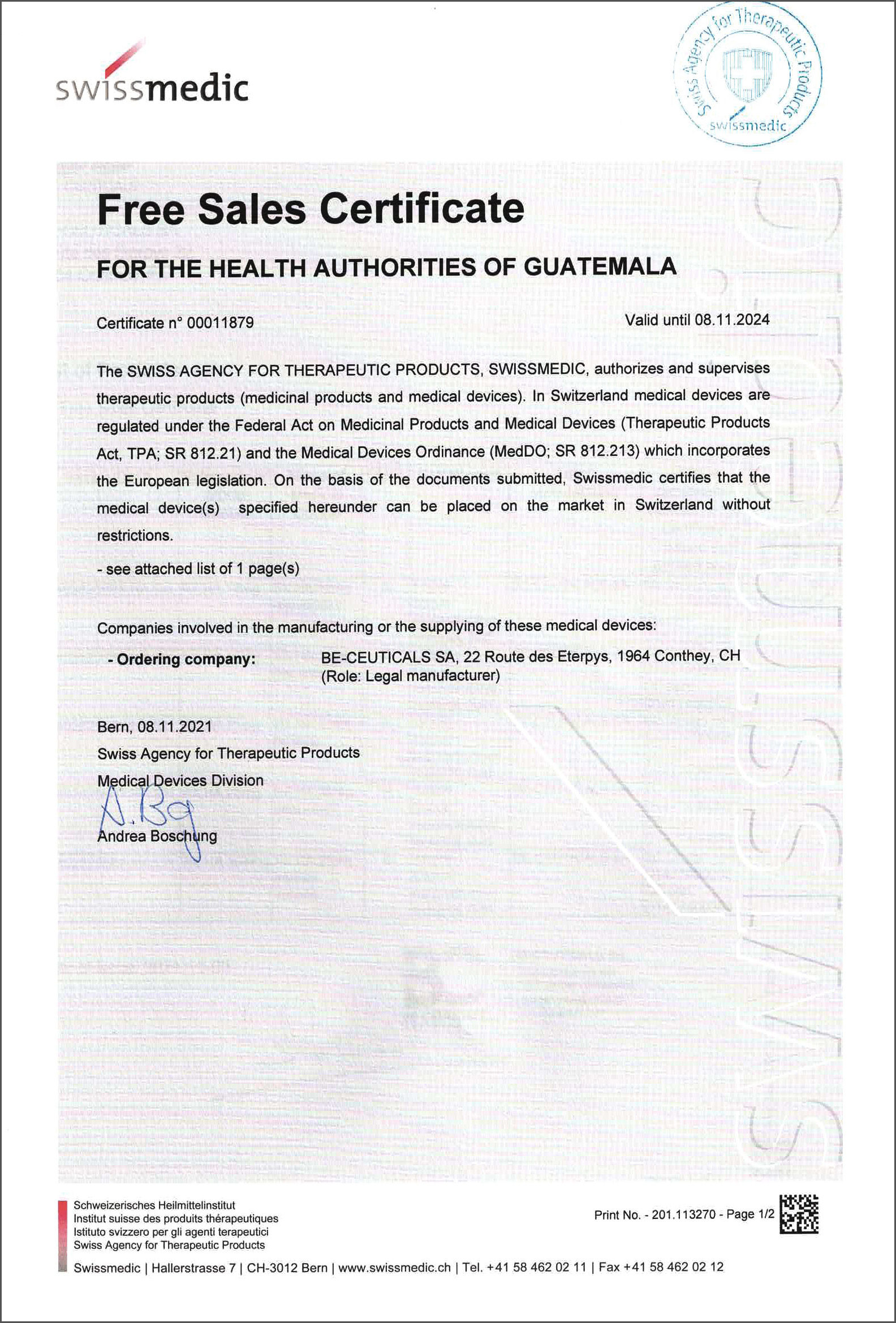Swissmedic - Free Sales Certificate - Guatemala