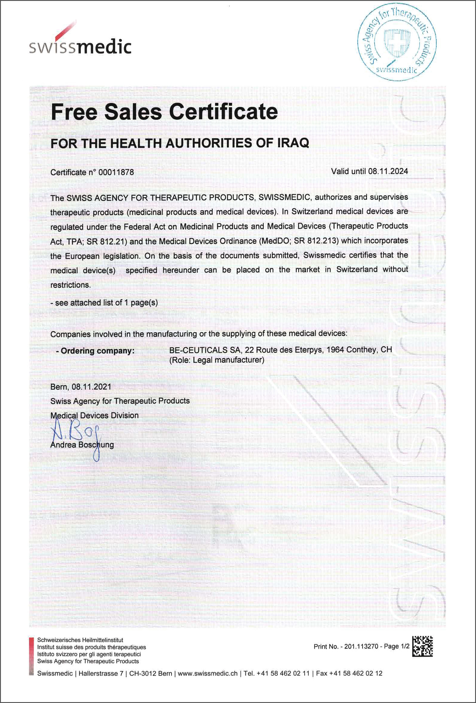 Swissmedic - Free Sales Certificate - Iraq