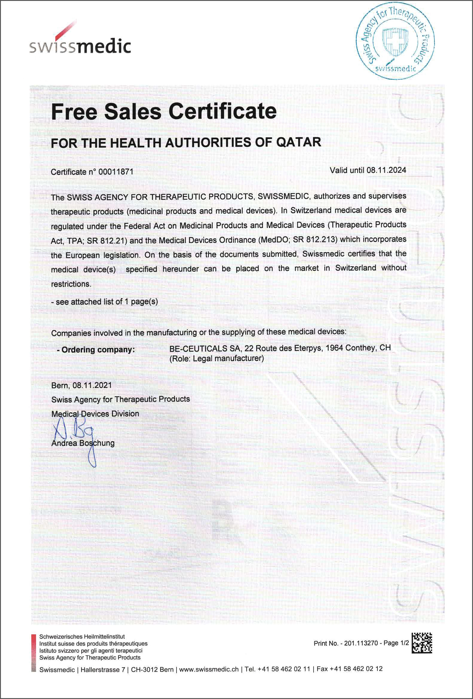 Swissmedic - Free Sales Certificate - Qatar