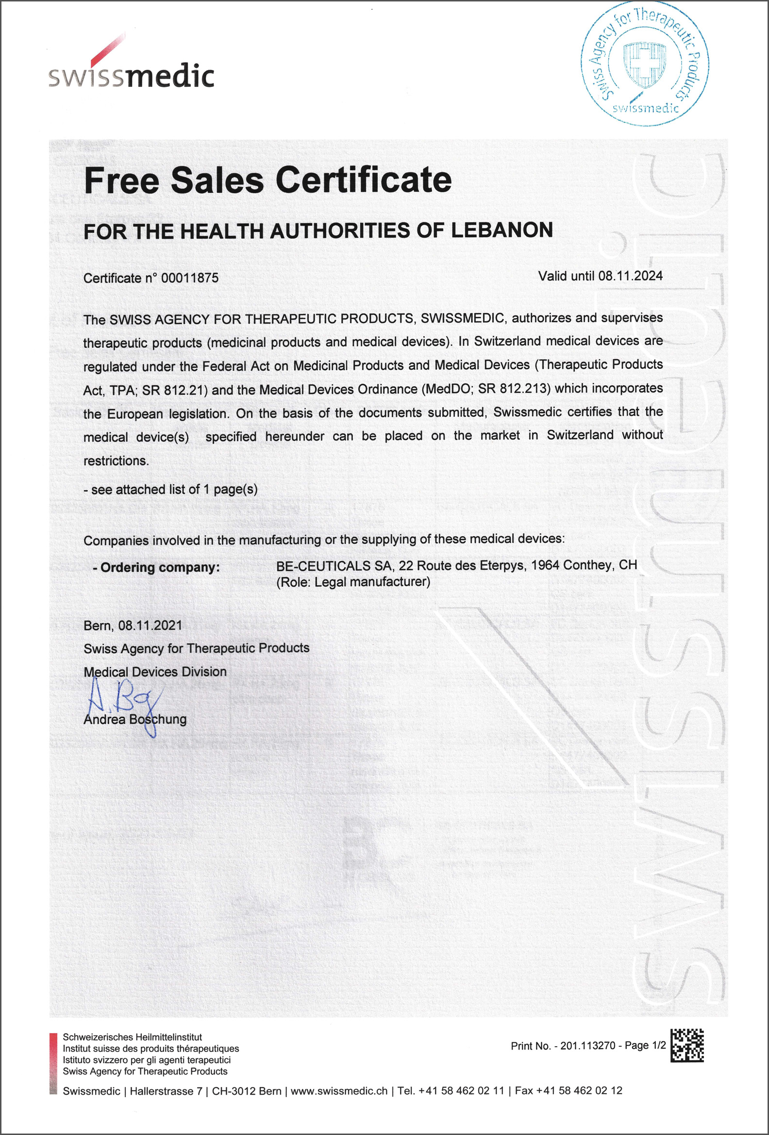 Swissmedic - Free Sales Certificate - Lebanon