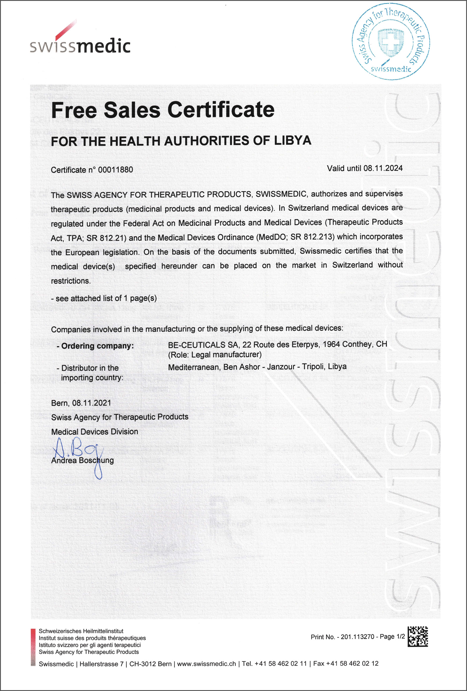 Swissmedic - Free Sales Certificate - Libya