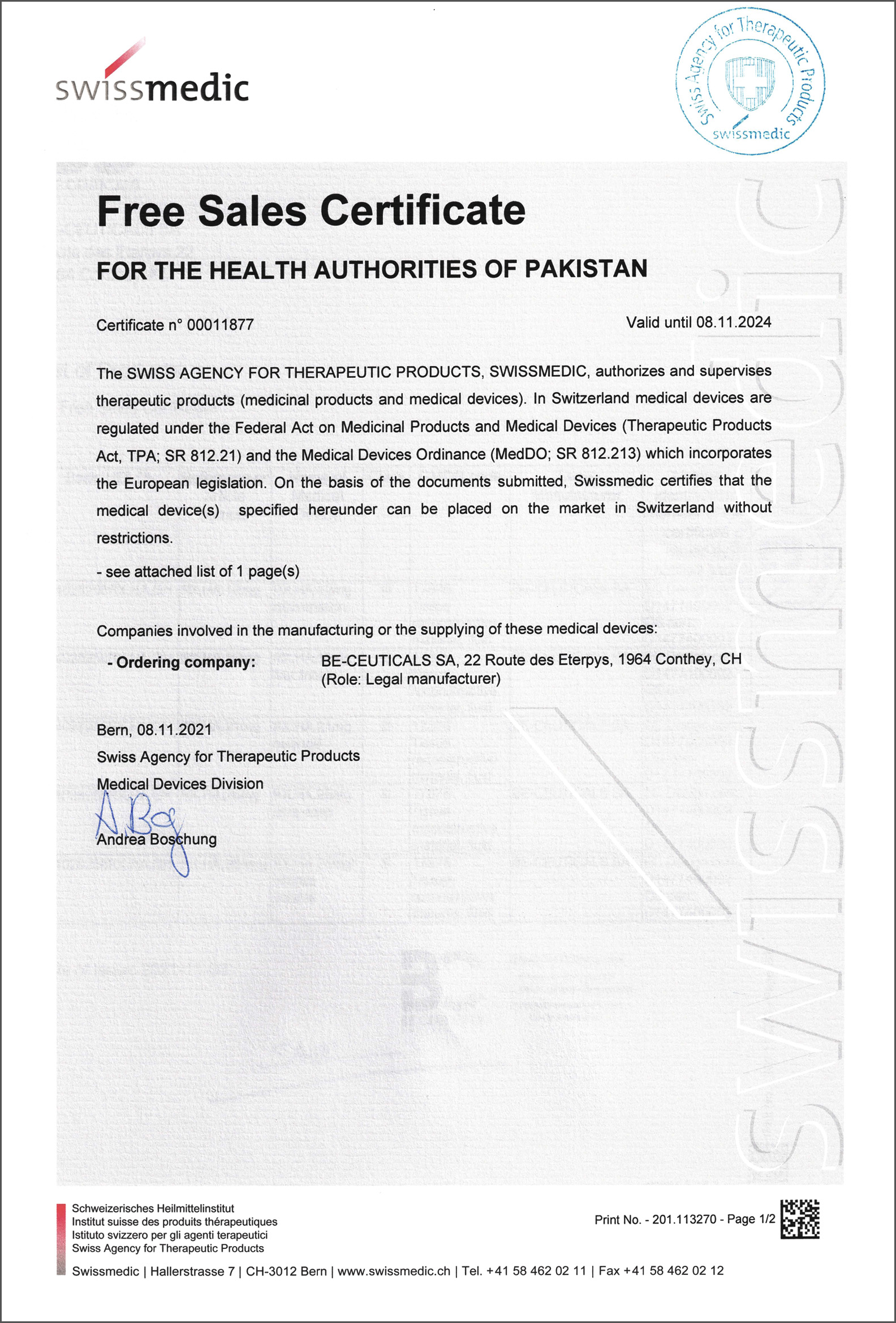 Swissmedic - Free Sales Certificate - Pakistan